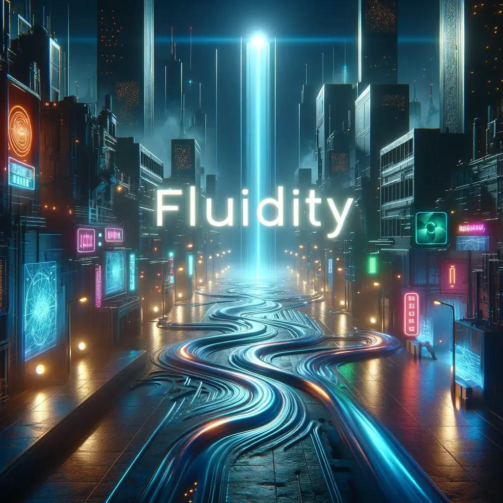 Create a realistic, science fiction, neo-noir style image featuring the word 'FLUIDITY'. The scene should evoke a futuristic and immersive atmosphere