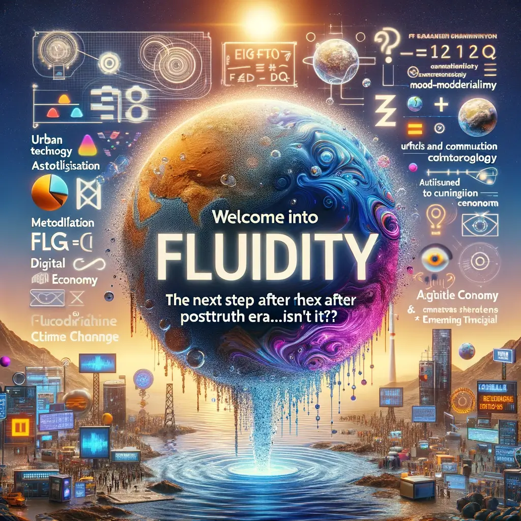Create an image that visually represents the formula 'Welcome into Fluidity, the next step after Post-truth era... isn't it _ Quantic + Information