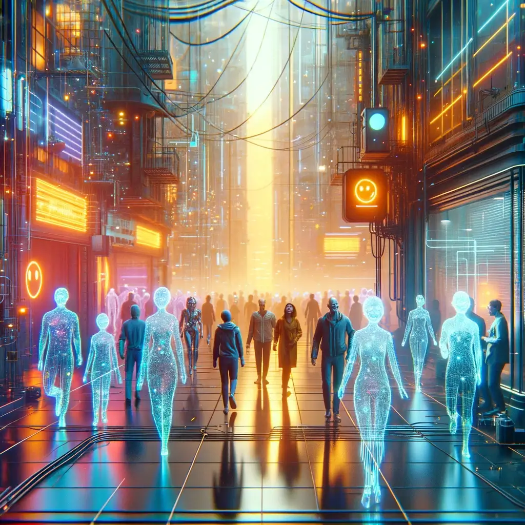 Enhance the previous realistic, science fiction, neo-noir style image by incorporating happy human figures into the scene, highlighting a sense of com