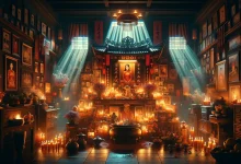 cinematic illustration of a traditional Vietnamese household altar, designed to evoke a powerful narrative moment reminiscent of a film scene