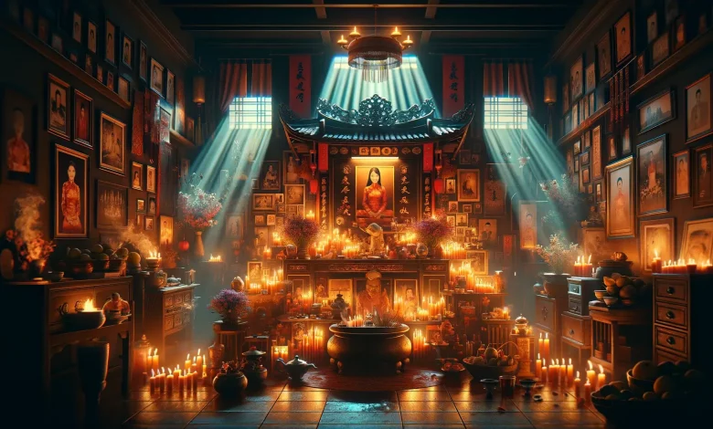 cinematic illustration of a traditional Vietnamese household altar, designed to evoke a powerful narrative moment reminiscent of a film scene