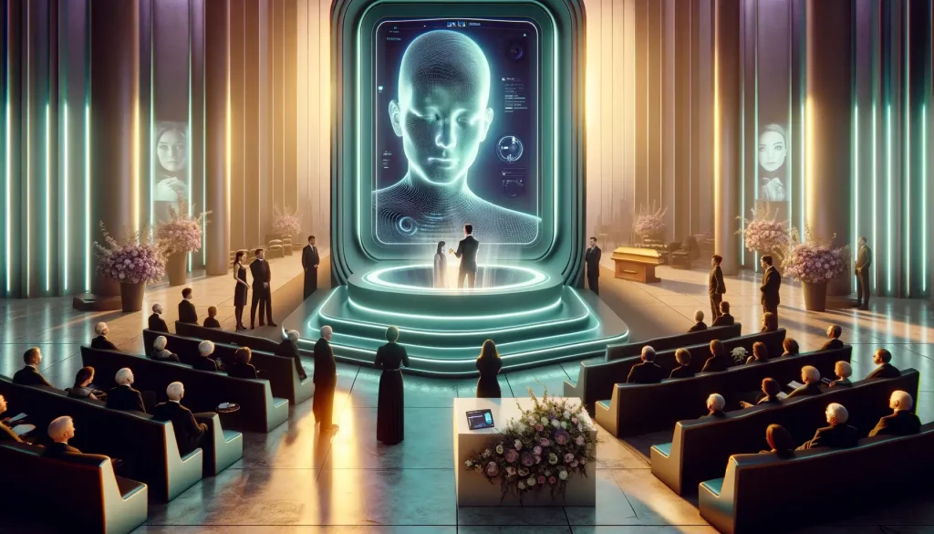 A cinematic, wide-screen illustration depicting the futuristic and somewhat controversial use of artificial intelligence in the funeral industry. 
