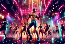 A vibrant image capturing the essence of a mix between intense physical effort and a decadent dance floor atmosphere,