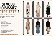 Illustration futuriste montrant plusieurs smartphones affichant les mêmes vêtements portés par une personne dont le visage peut être personnalisé par intelligence artificielle. Une vision du futur du shopping où chaque mannequin s’adapte à l’identité choisie par l’utilisateur.