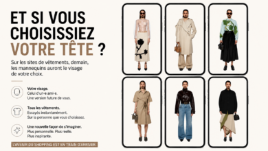 Illustration futuriste montrant plusieurs smartphones affichant les mêmes vêtements portés par une personne dont le visage peut être personnalisé par intelligence artificielle. Une vision du futur du shopping où chaque mannequin s’adapte à l’identité choisie par l’utilisateur.