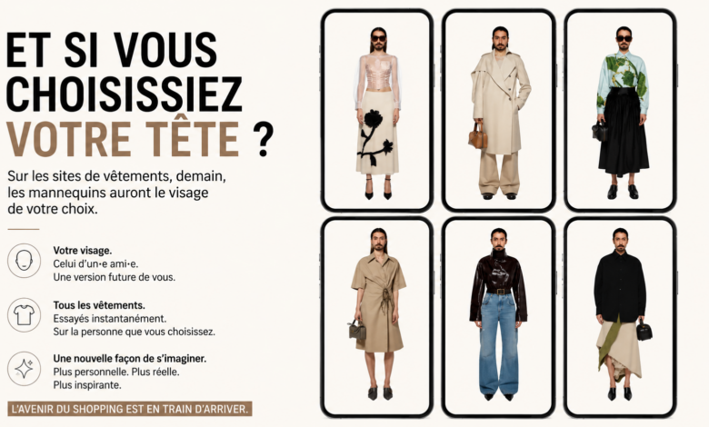 Illustration futuriste montrant plusieurs smartphones affichant les mêmes vêtements portés par une personne dont le visage peut être personnalisé par intelligence artificielle. Une vision du futur du shopping où chaque mannequin s’adapte à l’identité choisie par l’utilisateur.