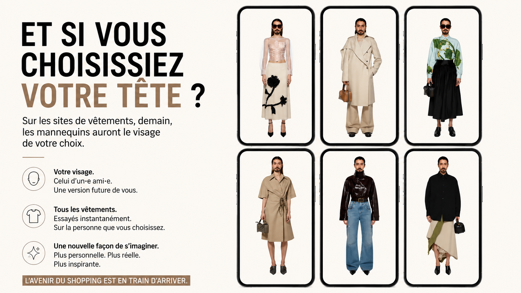 Illustration futuriste montrant plusieurs smartphones affichant les mêmes vêtements portés par une personne dont le visage peut être personnalisé par intelligence artificielle. Une vision du futur du shopping où chaque mannequin s’adapte à l’identité choisie par l’utilisateur.