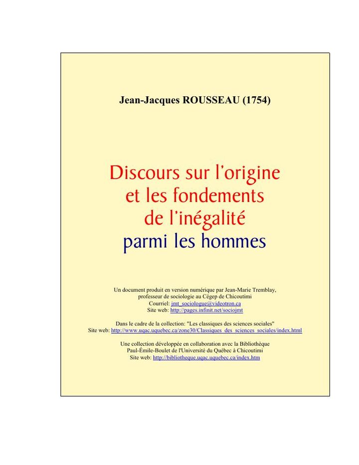 « Discours sur l'origine et les fondements de l'inégalité parmi les hommes » — Jean-Jacques Rousseau, notre exemplaire