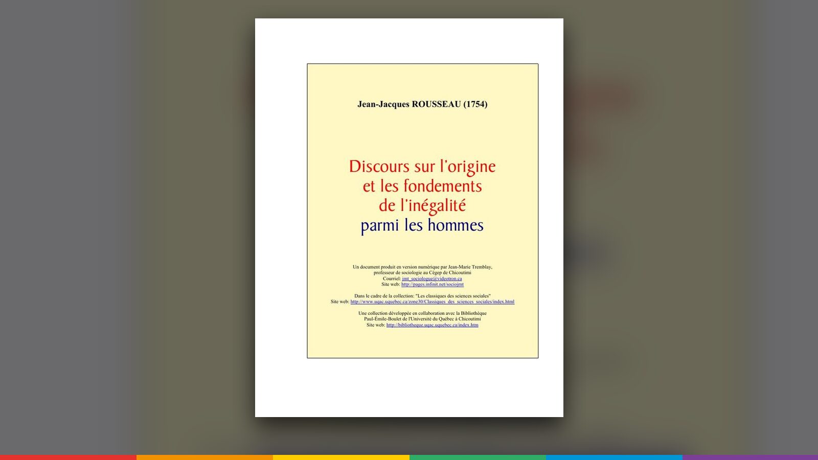 Couverture de « Discours sur l'origine et les fondements de l'inégalité parmi les hommes », Jean-Jacques Rousseau