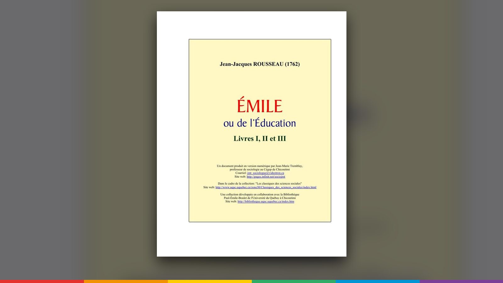 Couverture de « Émile, ou De l'éducation », Jean-Jacques Rousseau